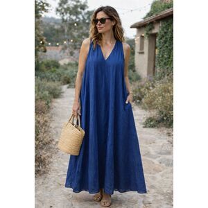 Mille Blue Flare 100% Cotton Summer Midi Dress   Women's Size Large